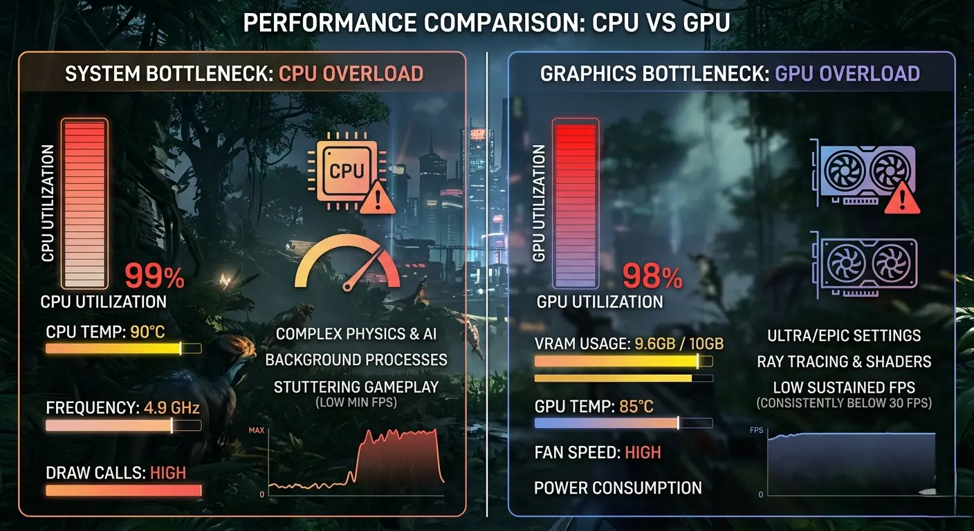 Side by side comparison of CPU vs GPU bottleneck showing performance differences in gaming