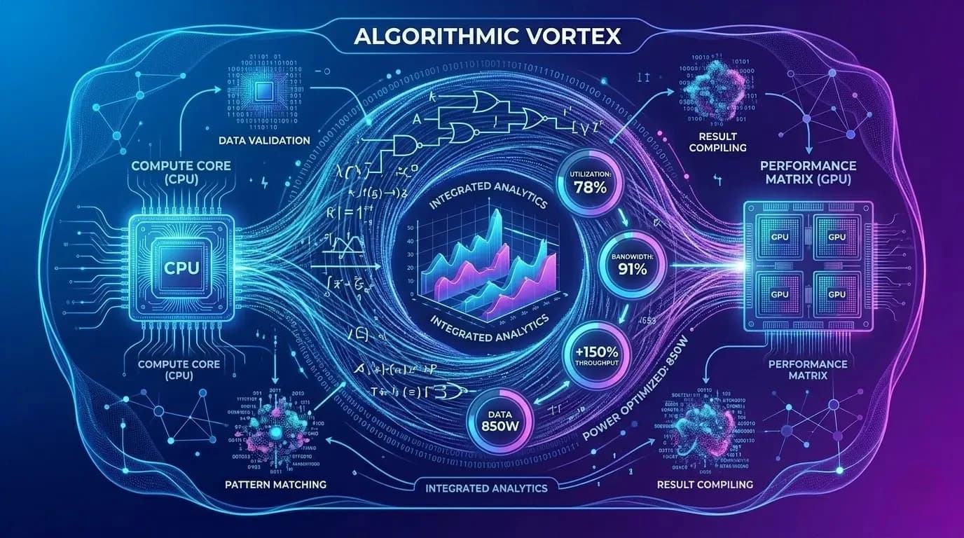 CPU and GPU connected with data processing lines and analytics graphs showing bottleneck calculation process