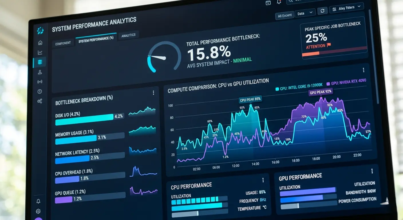 Dashboard showing bottleneck percentage results with CPU and GPU performance graphs
