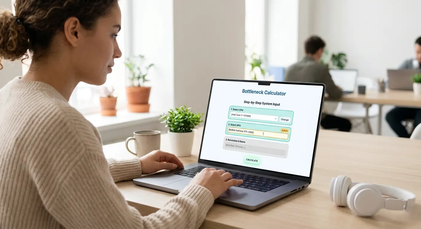 User using bottleneck calculator on laptop entering PC specifications step by step