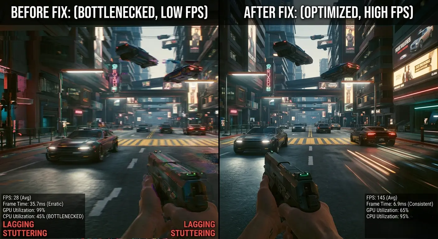 Before and after gaming performance comparison showing bottleneck vs optimized PC