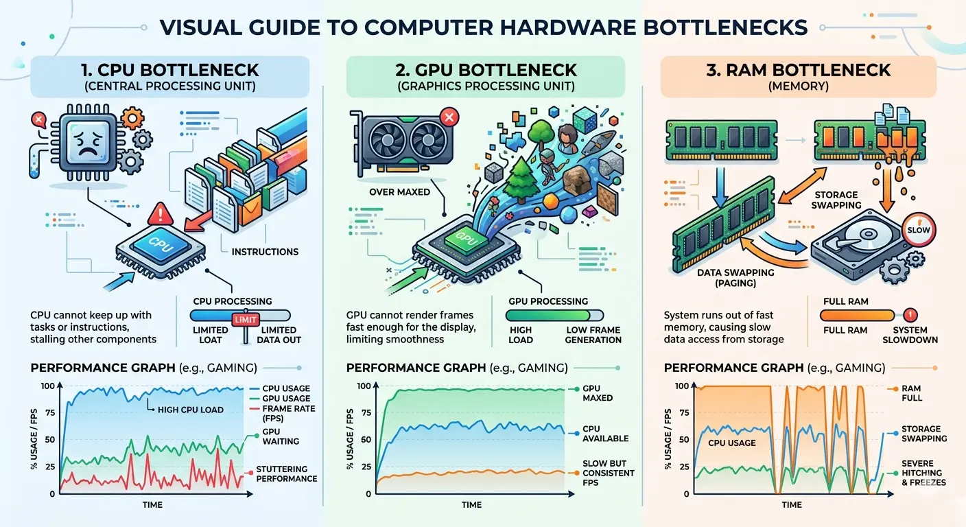 Comparison of CPU bottleneck, GPU bottleneck, and RAM bottleneck with performance charts