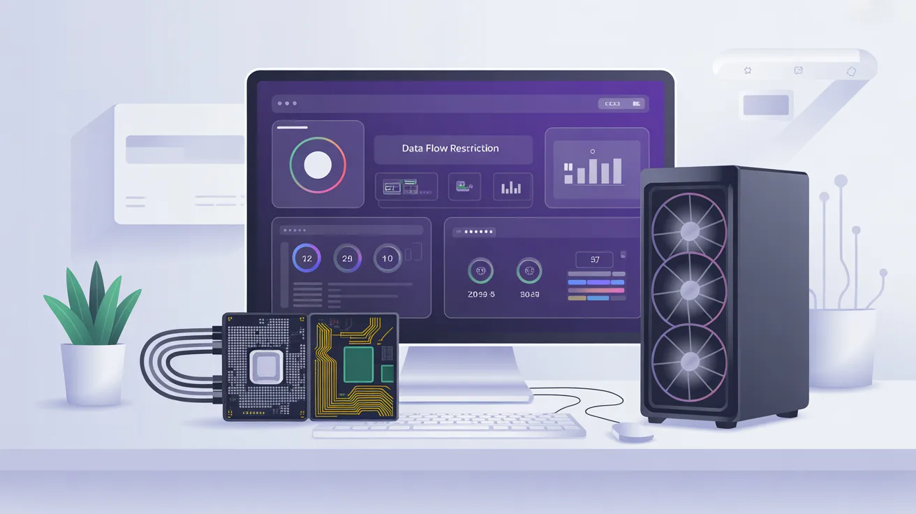 Modern PC setup showing CPU and GPU with data flow restriction, bottleneck calculator concept with performance dashboard