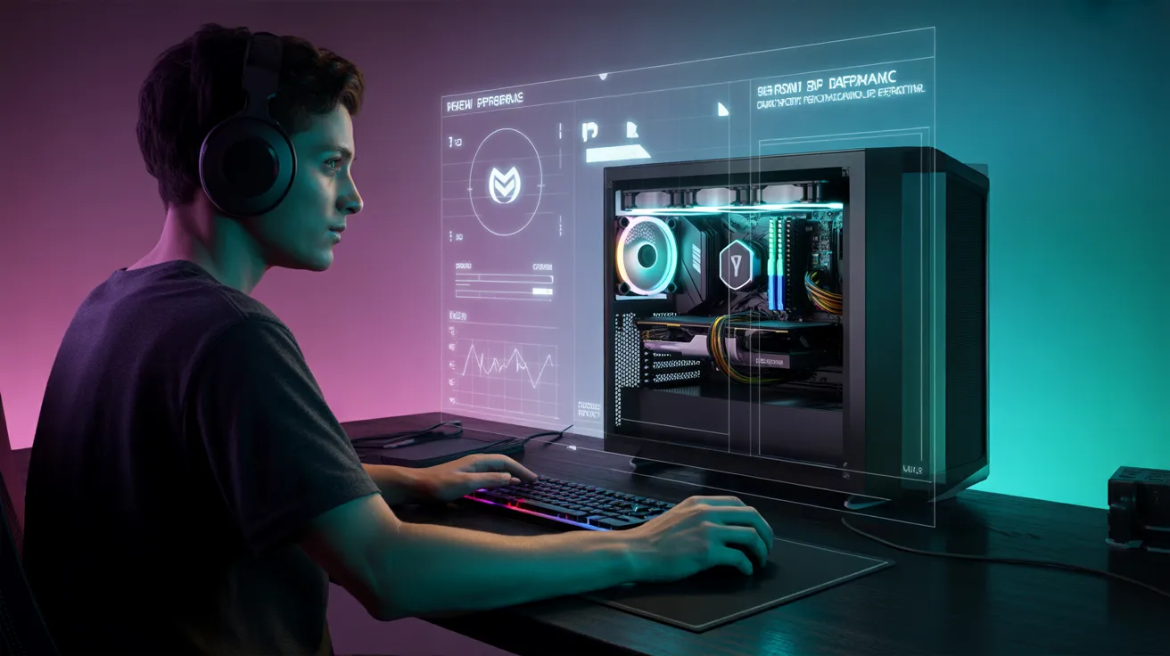 Futuristic gaming PC in 2026 with performance graphs and bottleneck analysis on screen